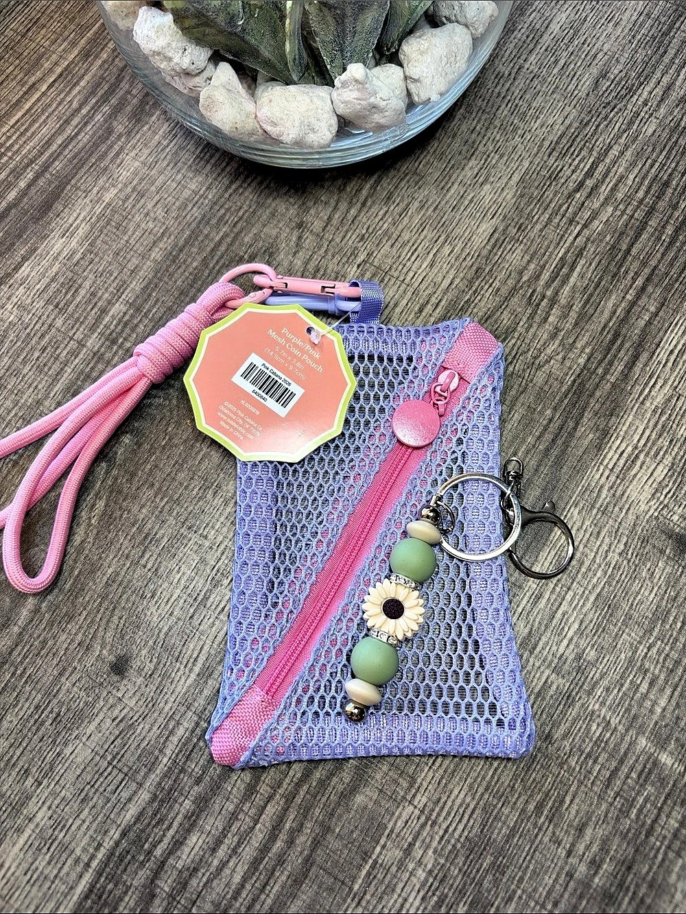 🔥5 for $25🔥 Pink Cabana Purple/Pink Mesh Coin Pouch with Handmade Keychain